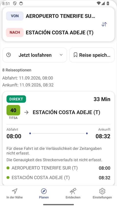 Planen-Bildschirm der Android-App: eine Fahrt vom Aeropuerto Tenerife Sur nach Estación Costa Adeje mit einer direkten Option der Linie 40.