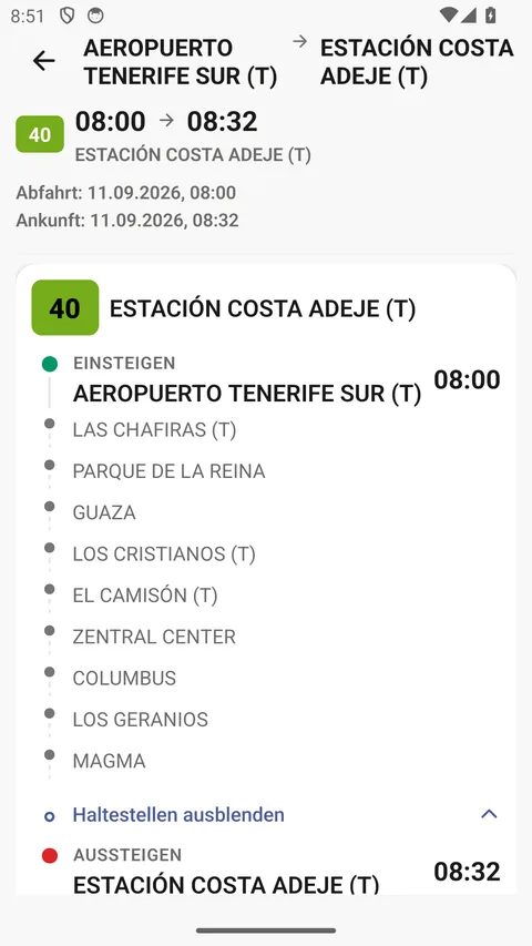 Fahrtdetails in der Android-App: Linie 40 ab Aeropuerto Tenerife Sur bis Estación Costa Adeje, mit den Zwischenhalten.