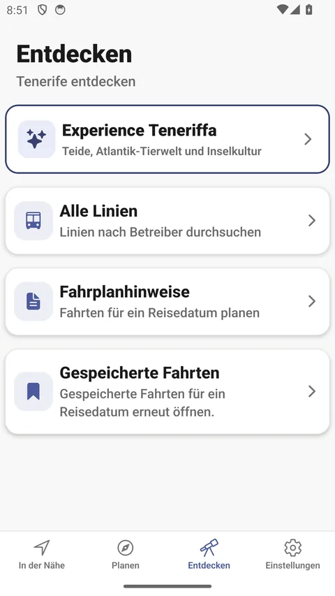 Tab „Entdecken“ der Android-App, Tenerife entdecken: Experience Teneriffa, Alle Linien, Fahrplanhinweise und Gespeicherte Fahrten.