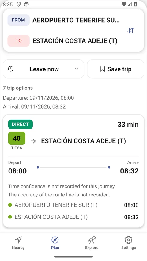 Plan screen of the Android app: a trip from Aeropuerto Tenerife Sur to Estación Costa Adeje with a direct line 40 option.