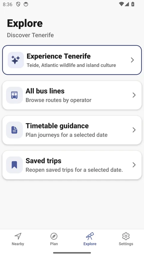 Explore tab of the Android app, Discover Tenerife: Experience Tenerife, All bus lines, Timetable guidance and Saved trips.