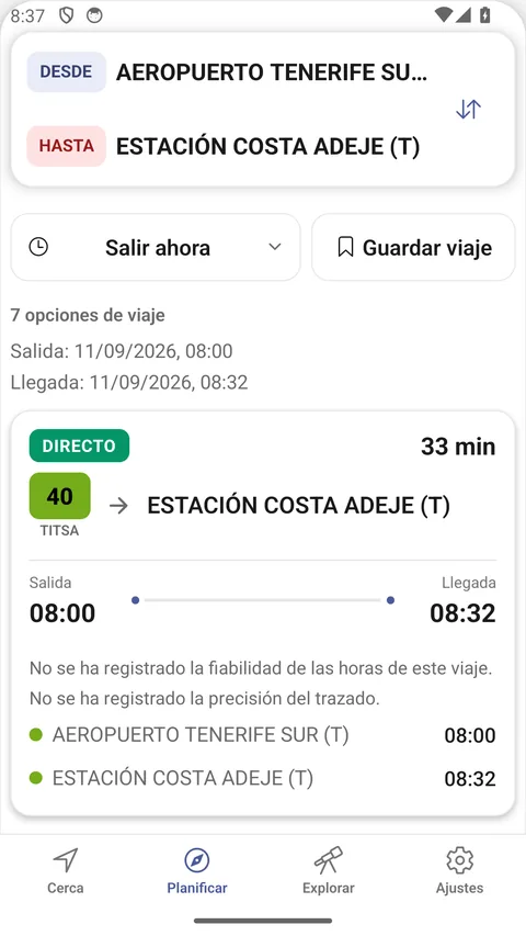 Pantalla Planificar de la app de Android: un trayecto del Aeropuerto Tenerife Sur a la Estación Costa Adeje con una opción directa de la línea 40.