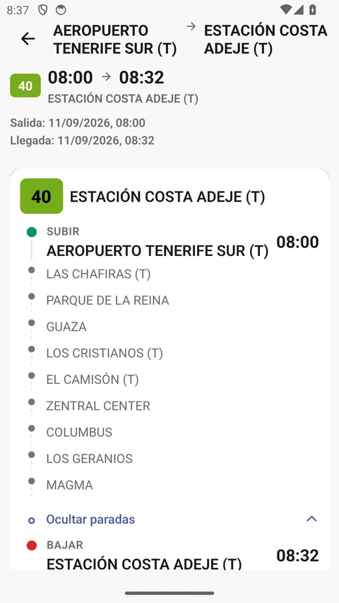 Detalle del trayecto en la app de Android: línea 40 desde el Aeropuerto Tenerife Sur hasta la Estación Costa Adeje, con las paradas intermedias.