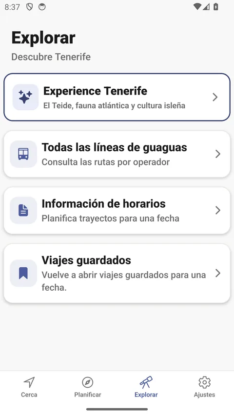 Pestaña Explorar de la app de Android, Descubre Tenerife: Experience Tenerife, Todas las líneas de guaguas, Información de horarios y Viajes guardados.