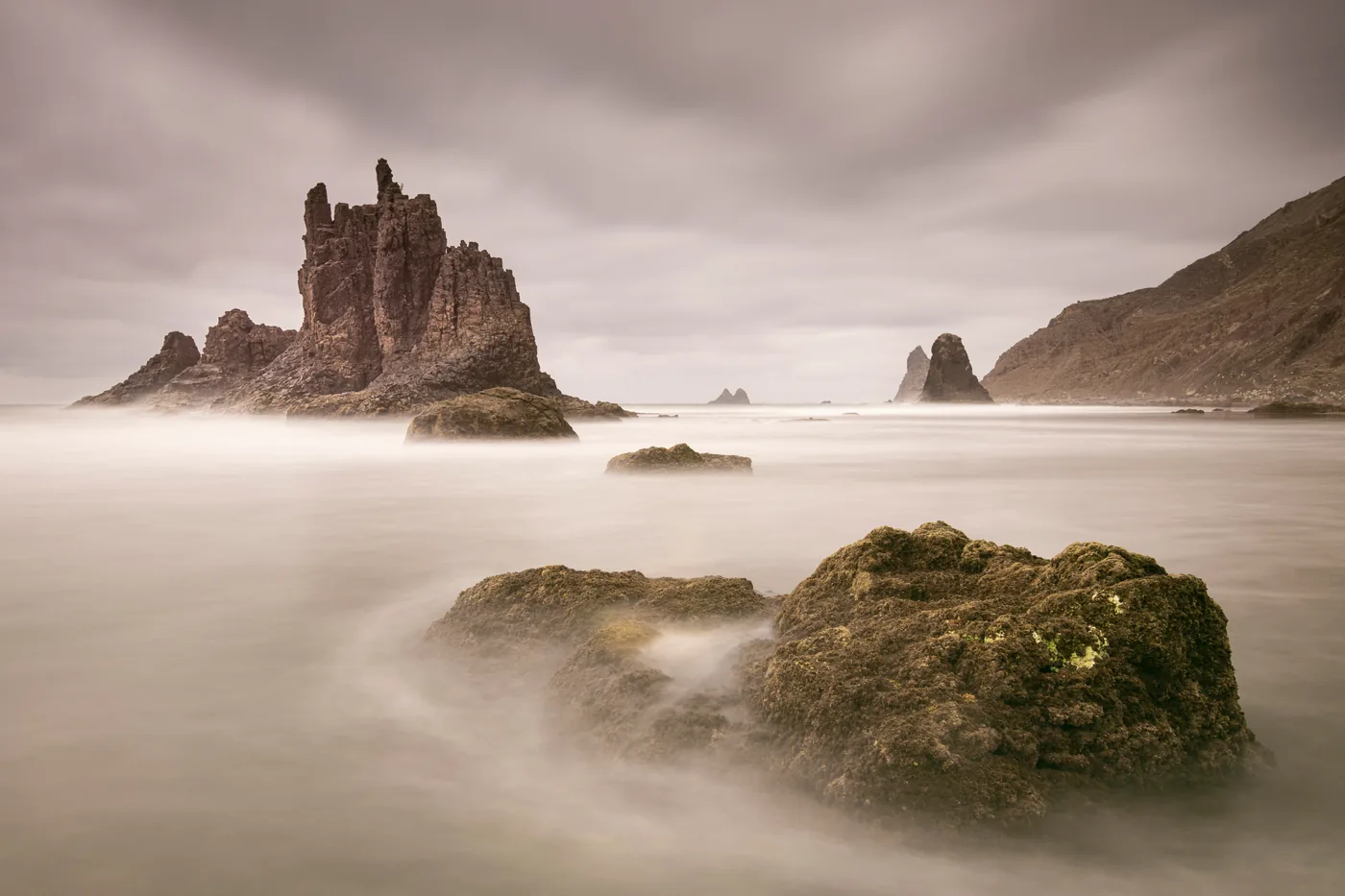 Playa de Benijo in the Anaga Rural Park, Tenerife: black sand and rocks in the sea.