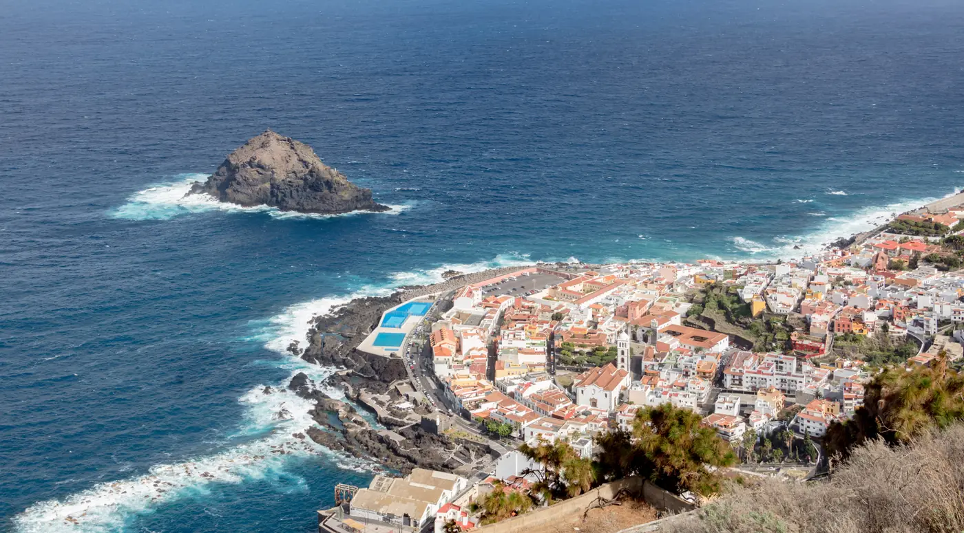 Garachico and its rock, the Roque de Garachico, seen from above on the north coast of Tenerife.