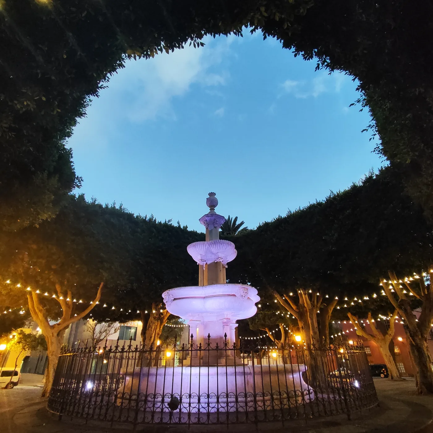 Plaza del Adelantado in La Laguna, Tenerife, lit at night.