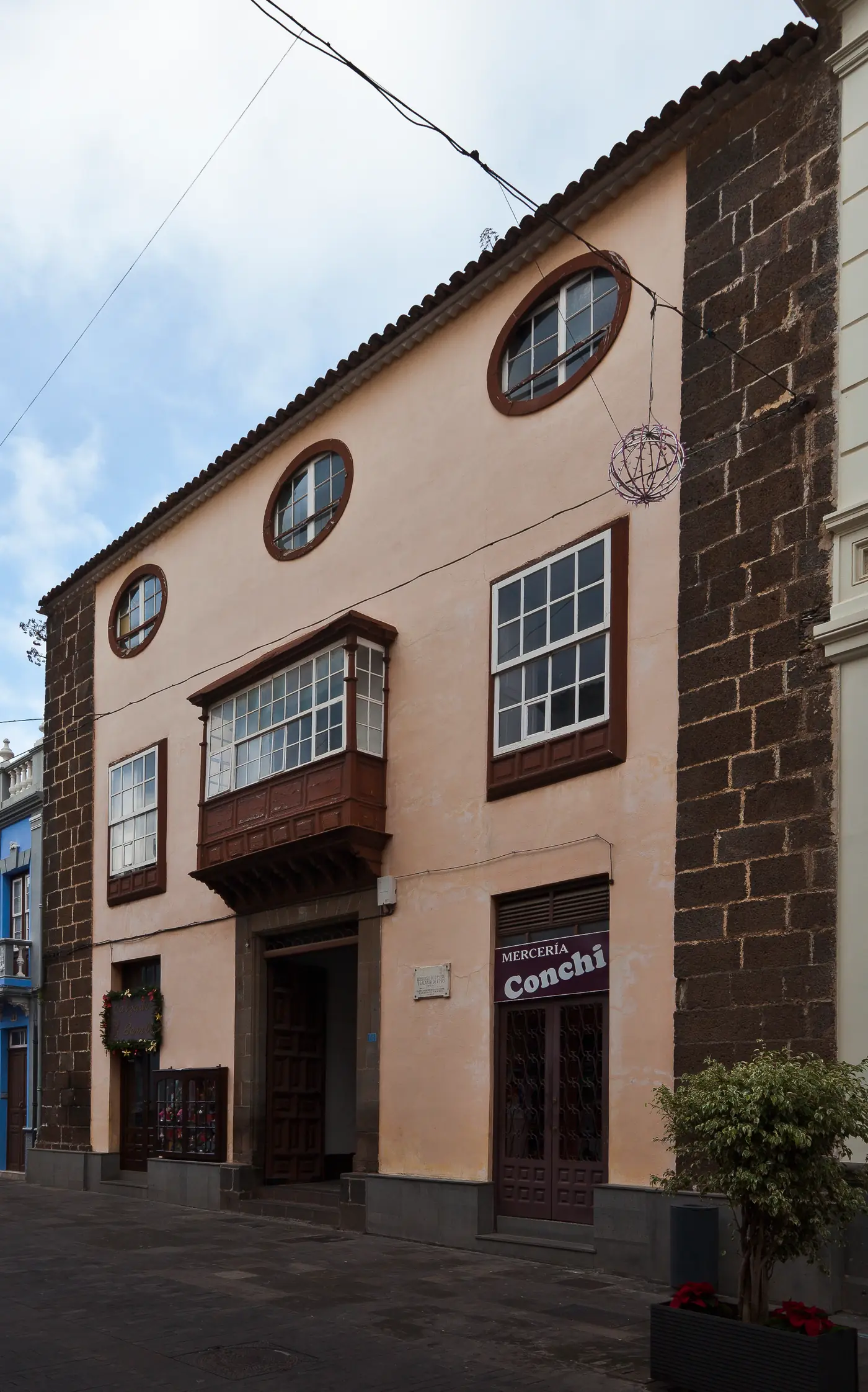 A historic facade on Calle Obispo Rey Redondo, the Calle de la Carrera, in La Laguna, Tenerife.